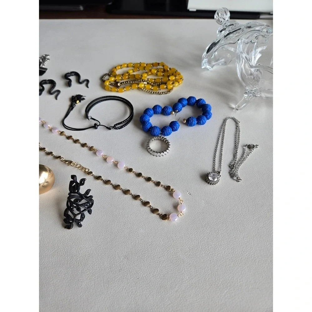 Vintage Jewelry Lot Visible Mix Necklaces Earrings‎ Rings + Glass Trinket Jar